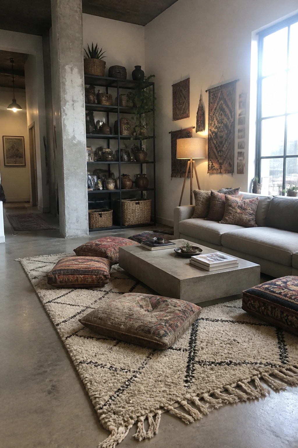 A living room featuring a light gray sofa, concrete coffee table, and multiple patterned floor cushions placed on a large beige rug with black diamond designs.