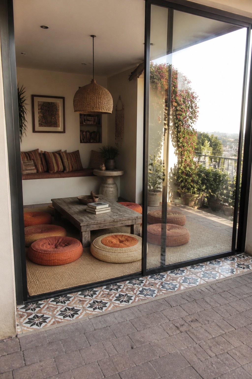 An indoor seating area with multiple woven floor cushions in warm tones arranged around a low wooden table next to a large glass door.