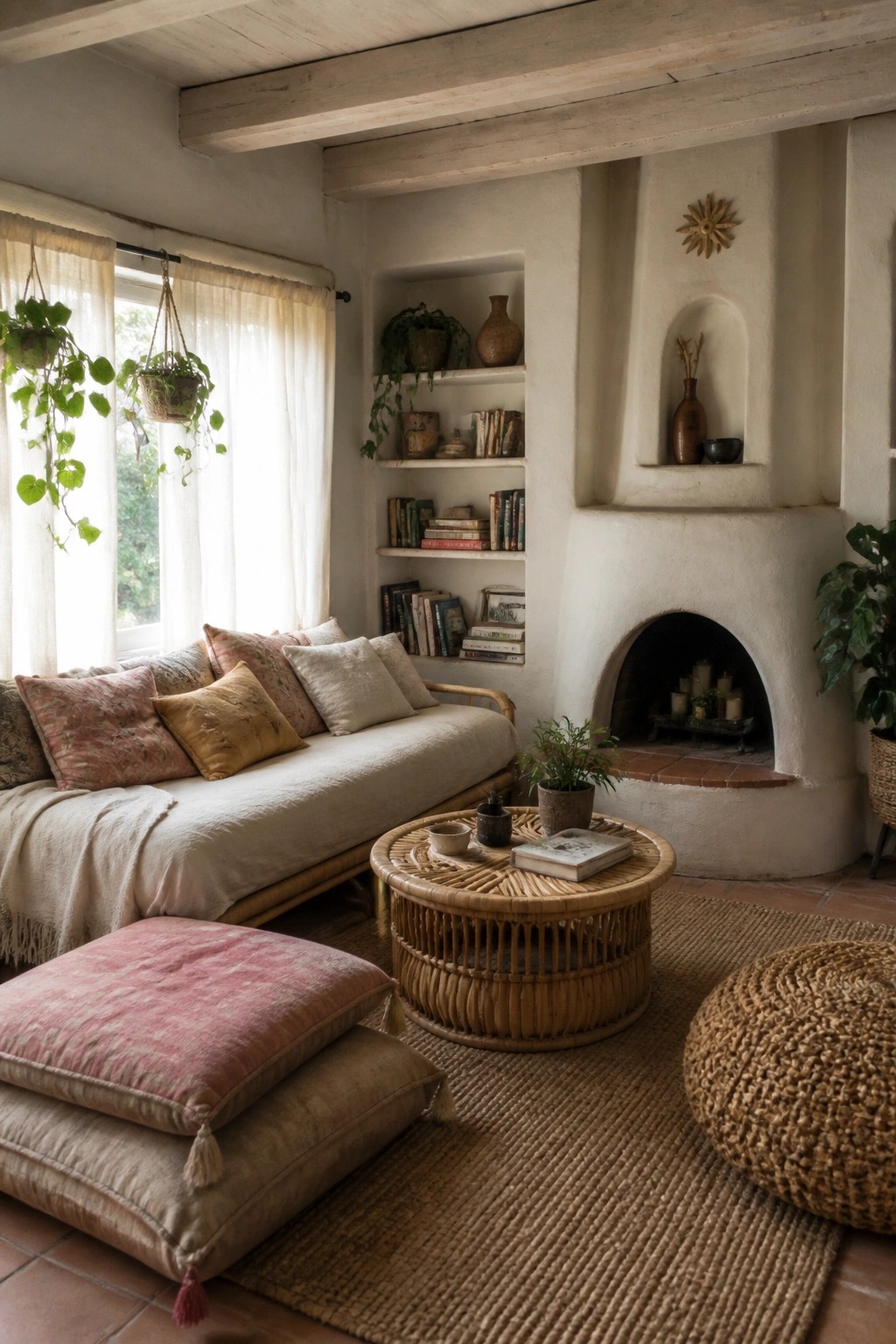 A boho living room featuring a daybed with pillows, built-in bookshelves, a fireplace, a round rattan coffee table, and multiple floor cushions on a jute rug.