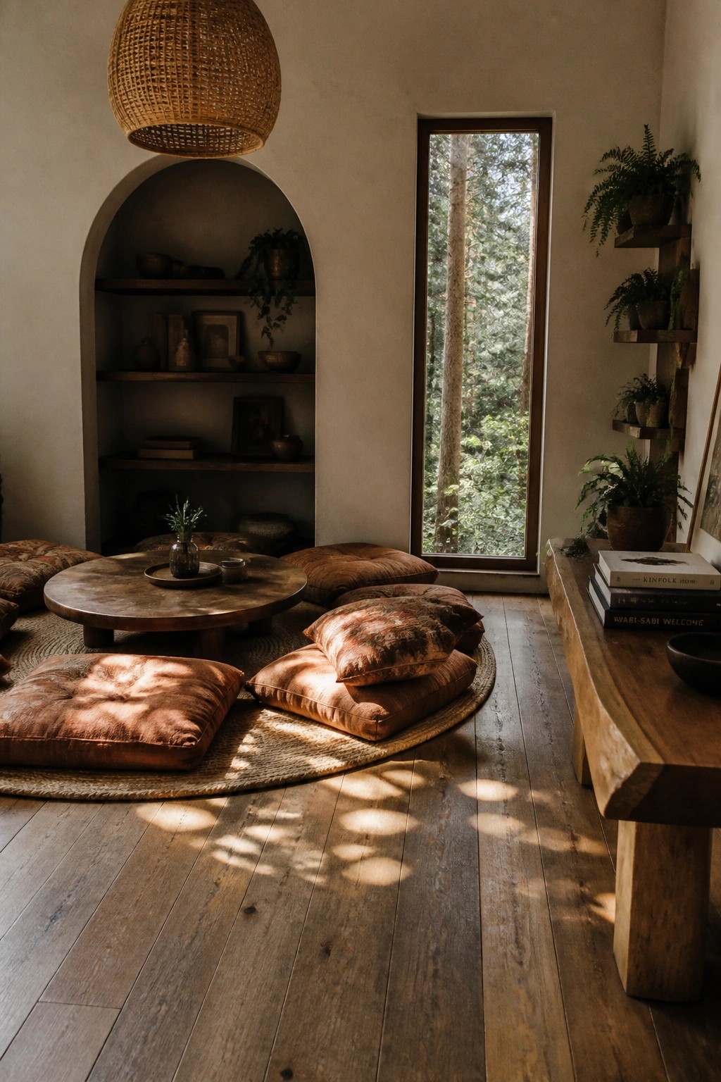 Interior view of a living room with multiple rust-colored floor cushions arranged around a low round wooden table on a circular woven rug, beside an arched built-in shelf and a tall window.
