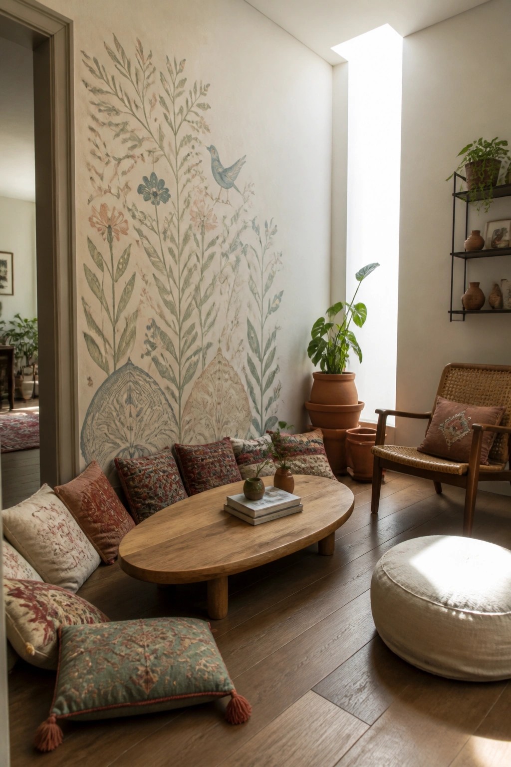 A living room corner with a large botanical wall mural, multiple patterned floor cushions around a low wooden table, potted plants, and a woven armchair.