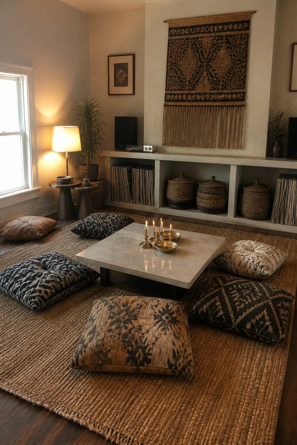 A living room interior featuring multiple patterned floor cushions on a large woven rug surrounding a low marble-top table, with a built-in shelf holding baskets and records behind it.