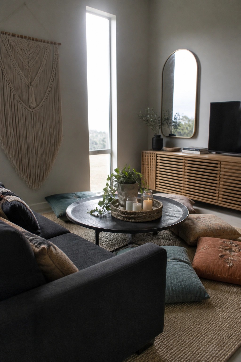 A living room with a dark gray sofa, round coffee table, and several floor cushions arranged on a woven rug.