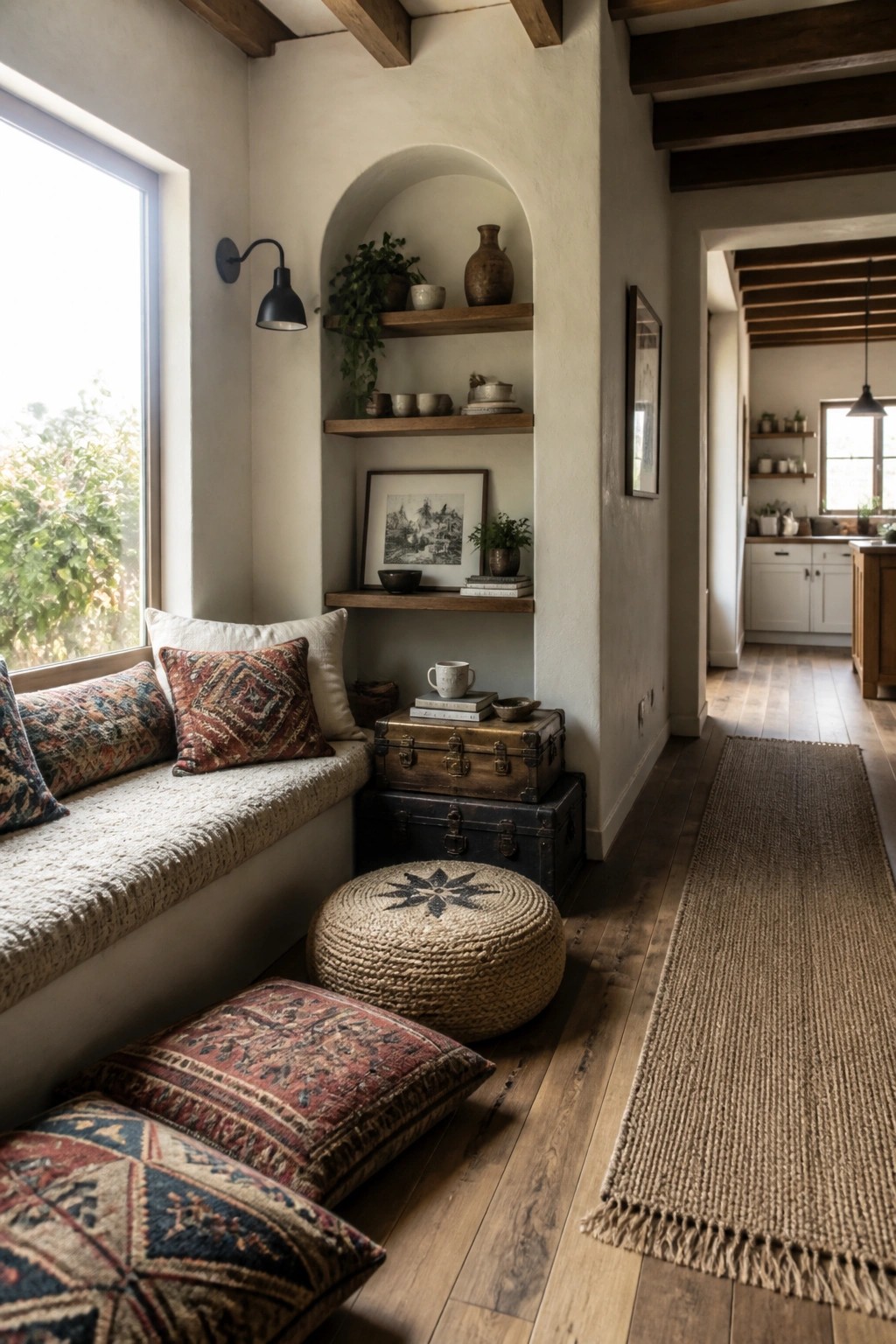 Interior view of a cozy nook with a window seat, patterned floor cushions, a woven pouf, wooden trunks, and built-in arched shelving.