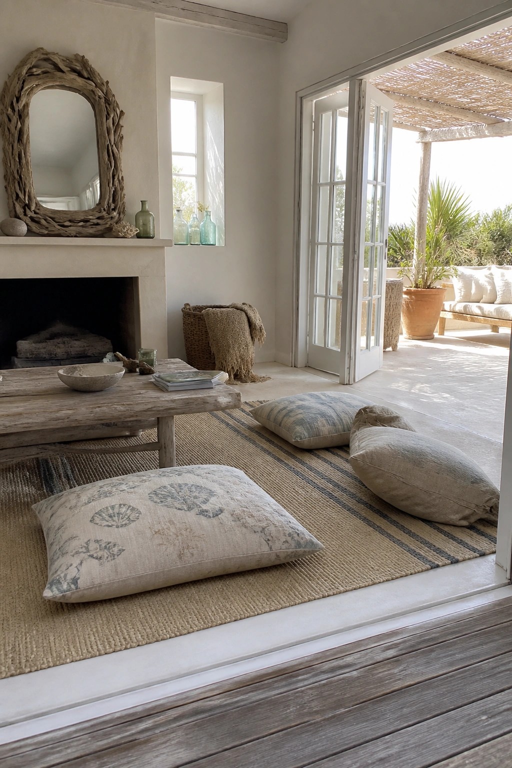 A living room interior with multiple floor cushions on a striped rug in front of a rustic wooden table and fireplace, with open doors to an outdoor area.