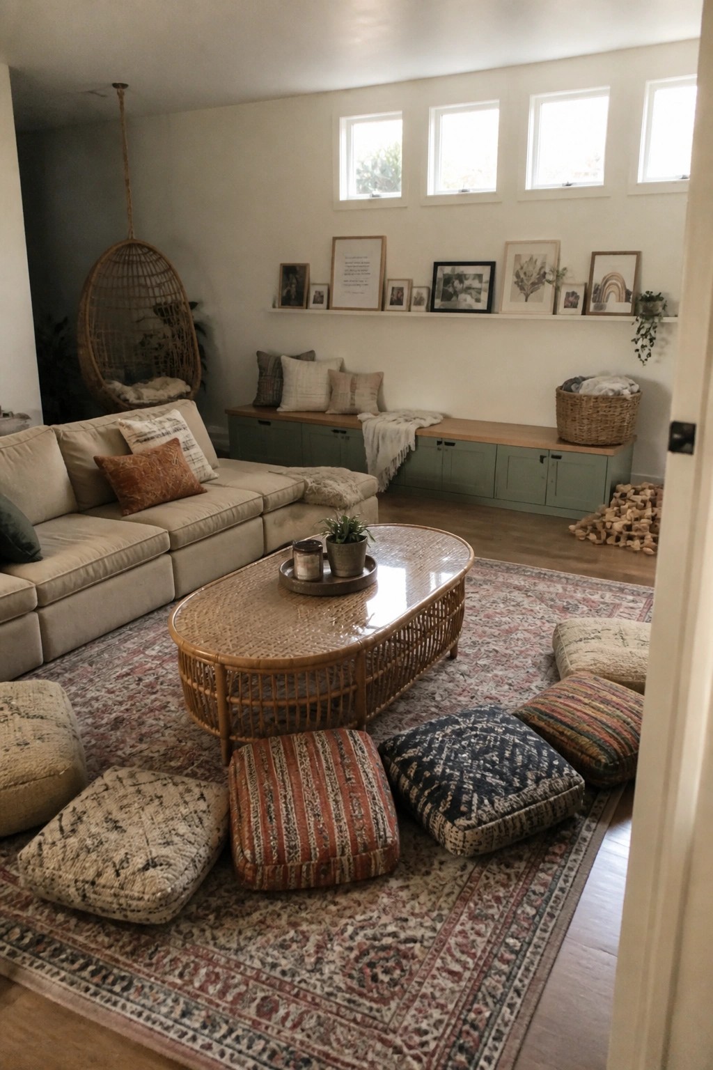 A living room featuring a sectional sofa, oval rattan coffee table, and several patterned floor cushions arranged on a large area rug.
