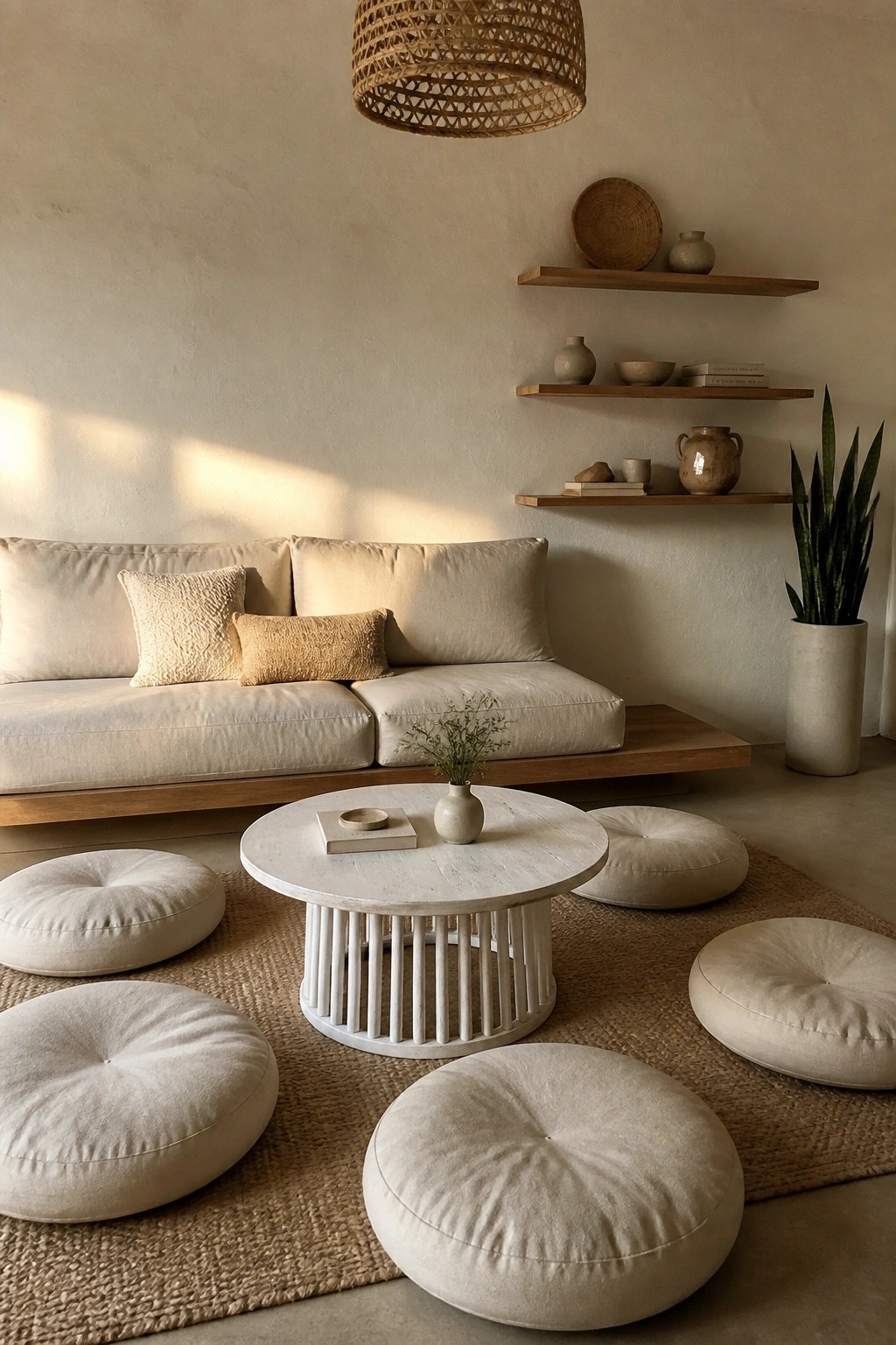 A living room featuring a low sofa, multiple round floor cushions on a woven rug, a round coffee table, and floating wooden shelves with pottery.