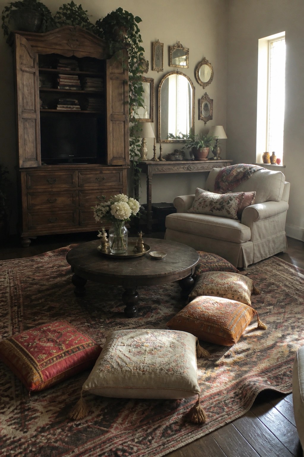 A living room featuring a round wooden coffee table surrounded by various patterned floor cushions on a large area rug, with an armchair, console table, and wooden cabinet visible.