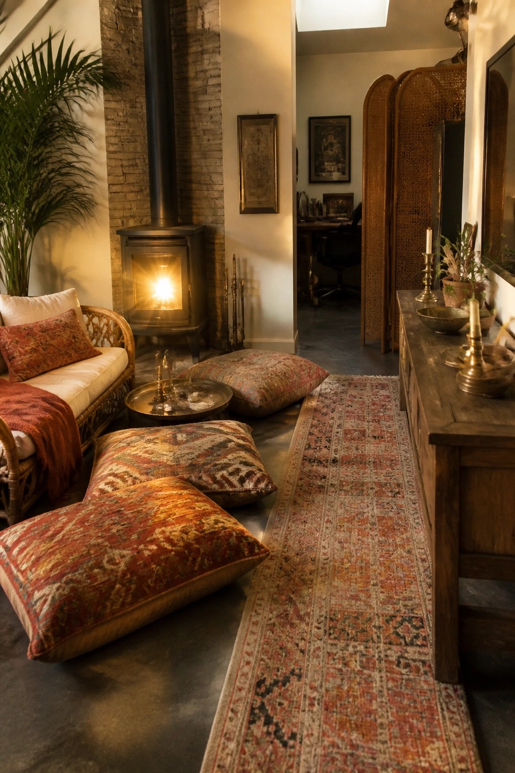 A cozy living room interior with a lit wood stove, rattan sofa, multiple large patterned floor cushions, and a long runner rug on a concrete floor.