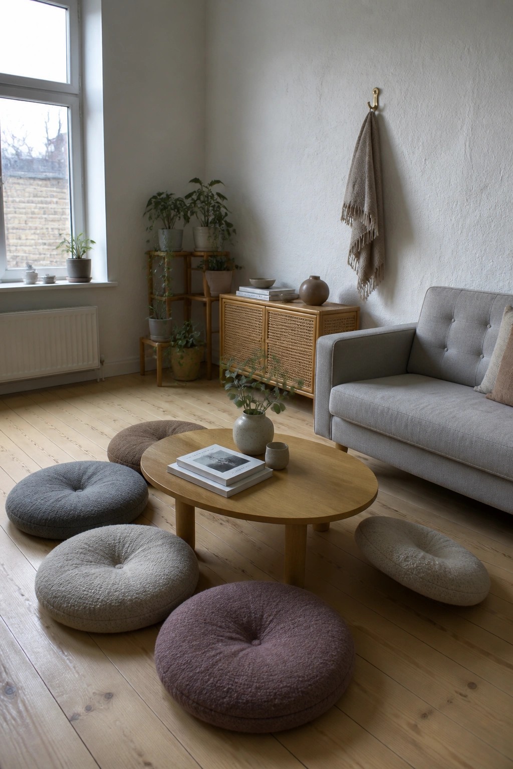 A living room with a gray sofa, round wooden coffee table, and several round floor cushions in neutral tones arranged on light wood flooring.