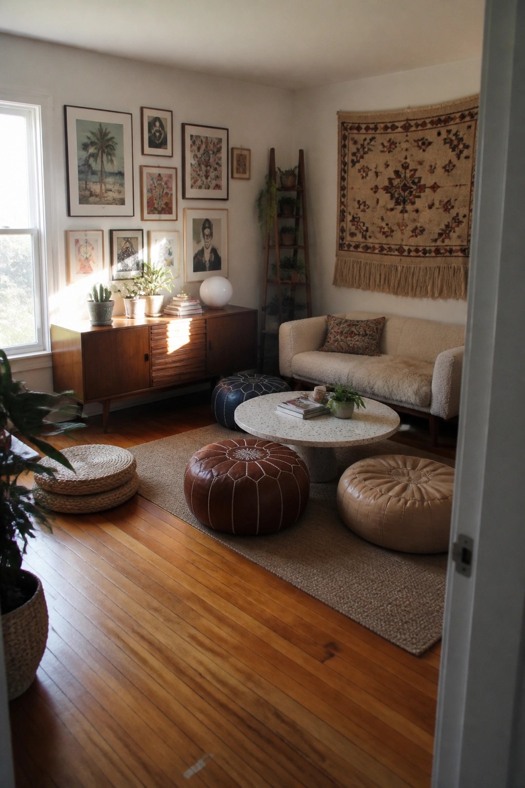 A living room with a beige sofa, round coffee table, wooden sideboard with plants and art, and multiple round floor poufs in leather and woven materials on a large rug.
