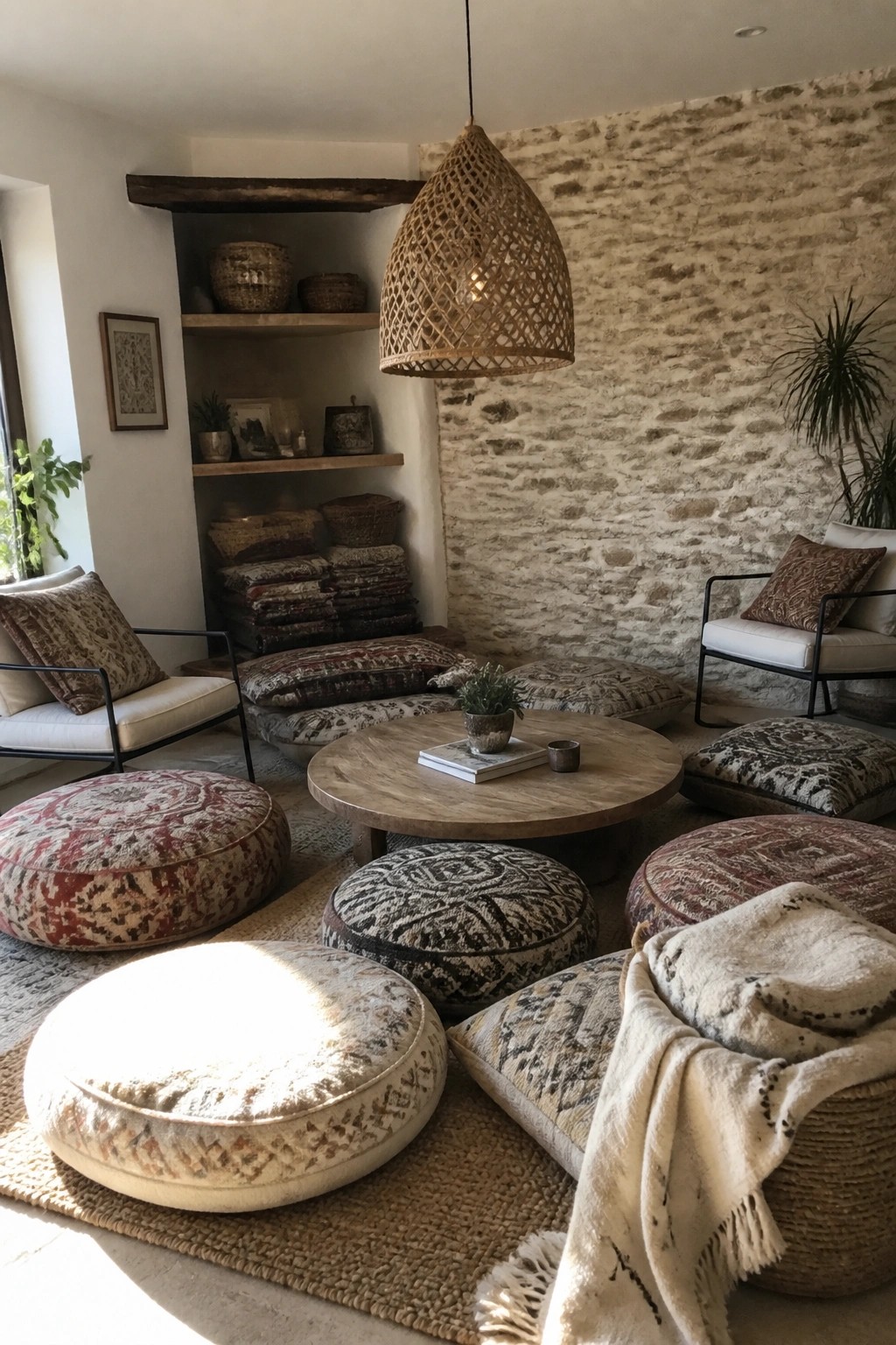 A living room interior featuring numerous patterned floor cushions and poufs arranged around a round wooden coffee table, with a woven pendant light, built-in shelves holding baskets, and two armchairs against a stone wall.