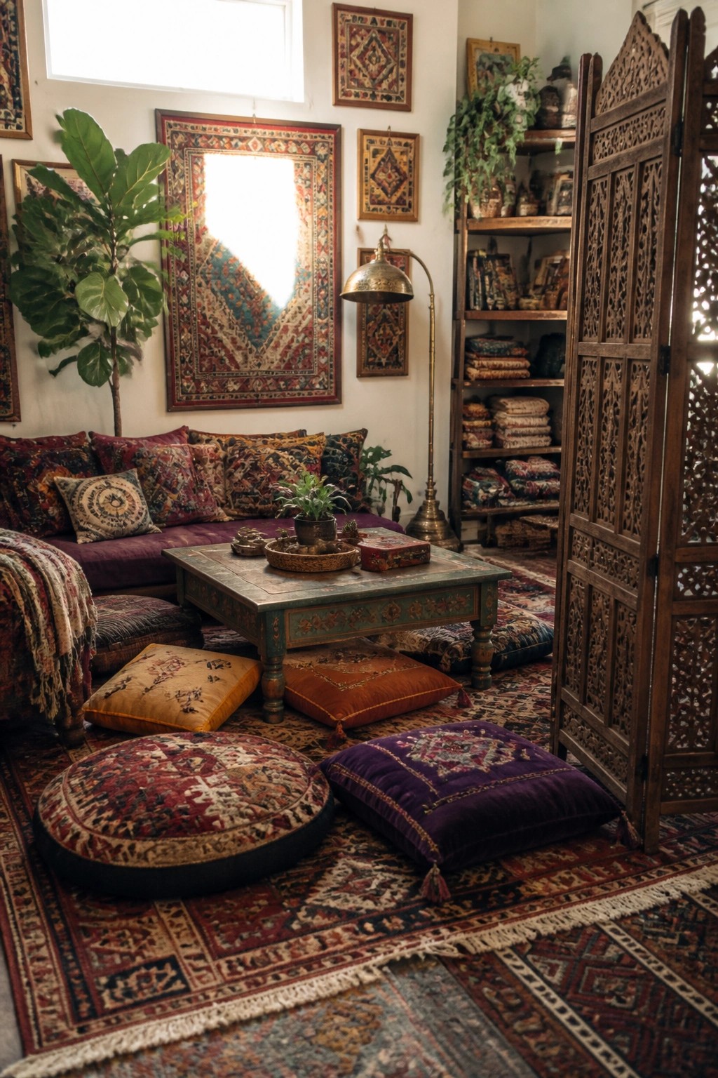 An interior view of a boho living room with a low coffee table on layered rugs, surrounded by patterned floor cushions and pillows, a purple sofa along the wall, and a carved wooden screen on the right.