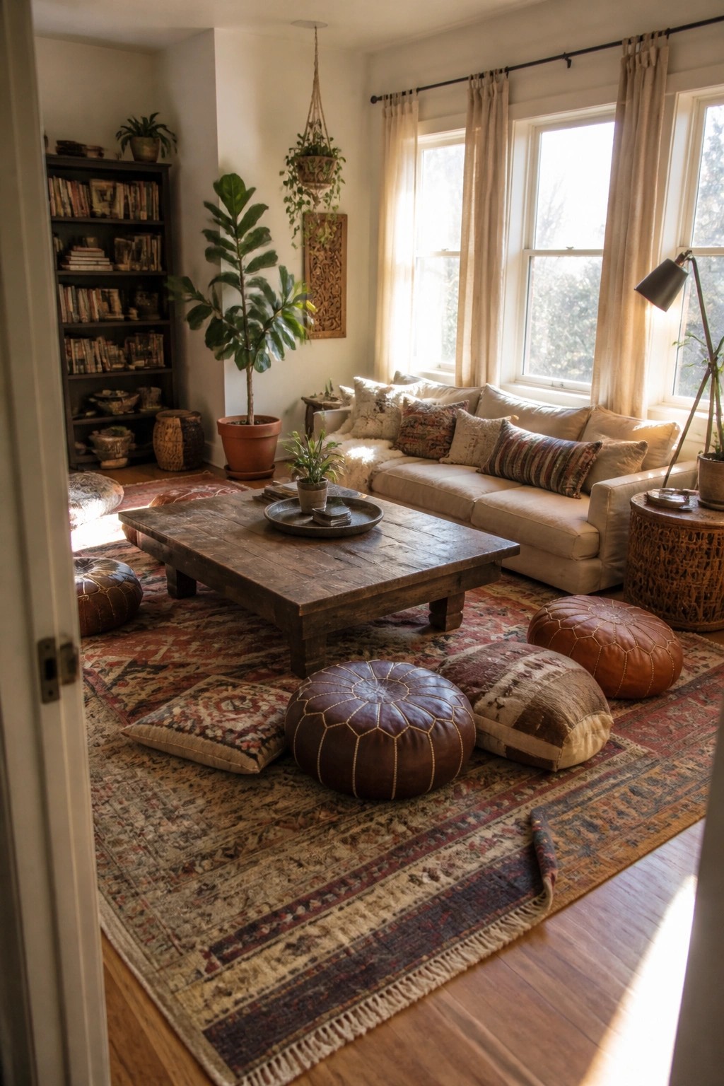 A living room with a beige sectional sofa, dark wood coffee table, and various leather and fabric floor cushions arranged on layered rugs.