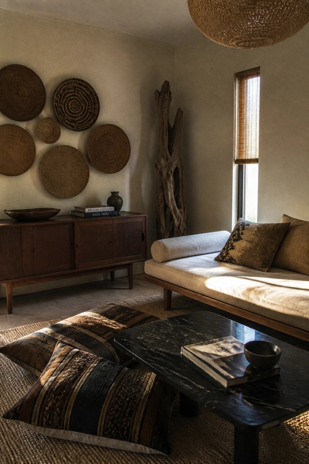 Living room interior with a low sofa, marble coffee table, large striped floor cushions on a woven rug, wooden cabinet, and round woven wall hangings.