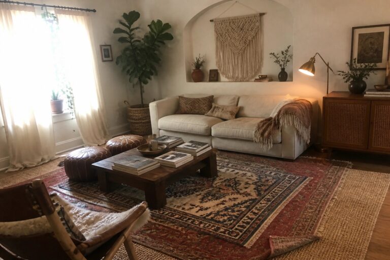 23 Cozy Boho Living Room Ideas Built Around Layered Rugs and Throws Cozy living room with white sofa, wooden coffee table, leather poufs, and layered rugs.