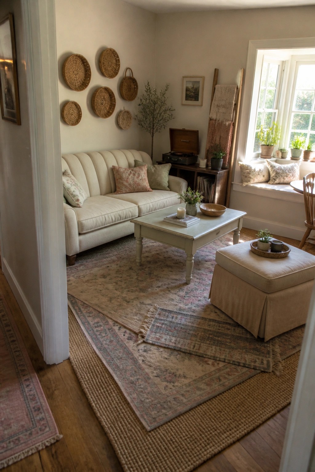 A living room with multiple overlapping rugs on a wood floor, a light sofa, coffee table, and a window seat with pillows.