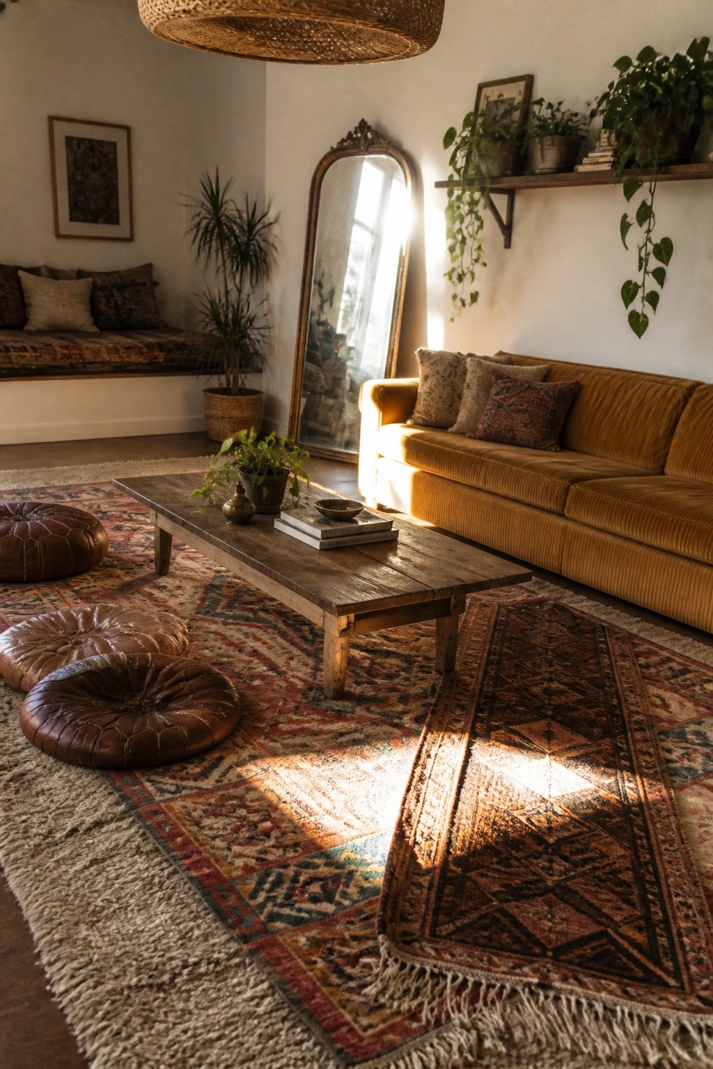 A living room with multiple overlapping patterned rugs, a mustard yellow sofa, wooden coffee table, leather poufs, and houseplants near a window.