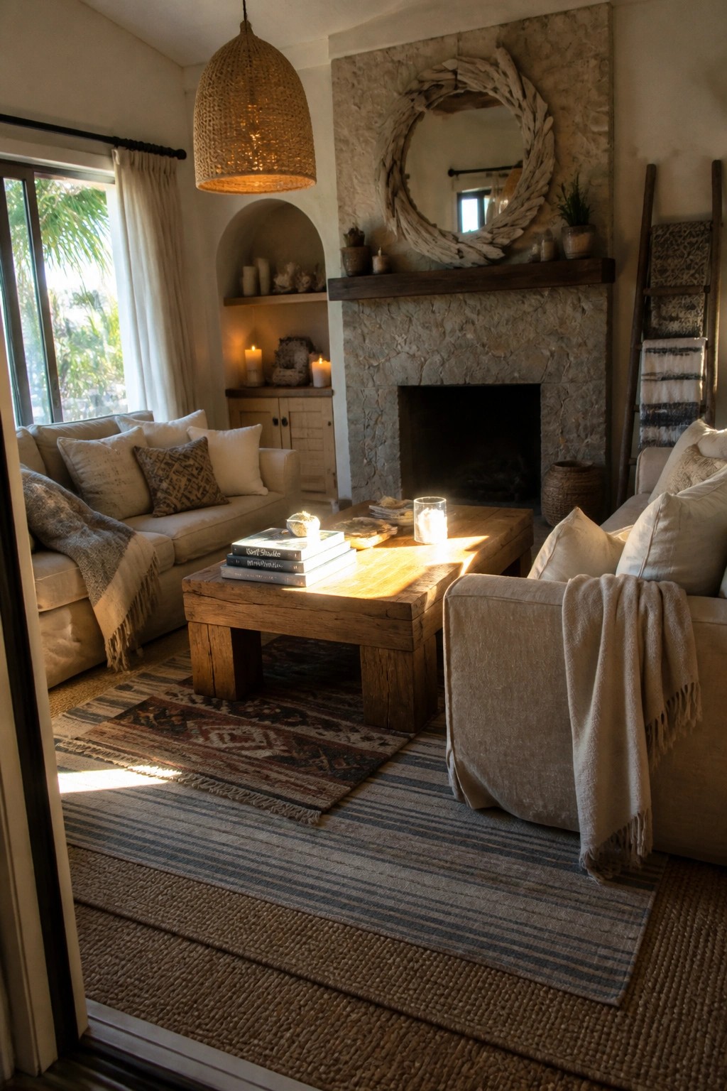 Cozy living room with stone fireplace, wooden coffee table, woven rugs, and wicker lamp