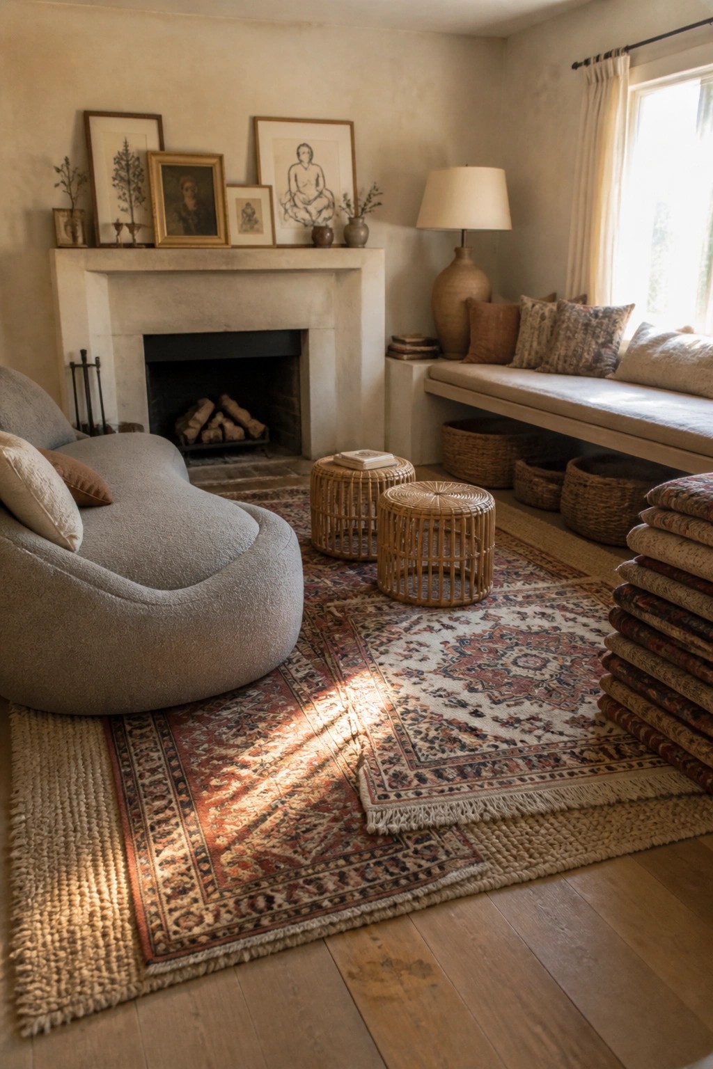 A living room featuring multiple layered rugs on a wood floor in front of a fireplace, with a gray sofa and woven stools visible.