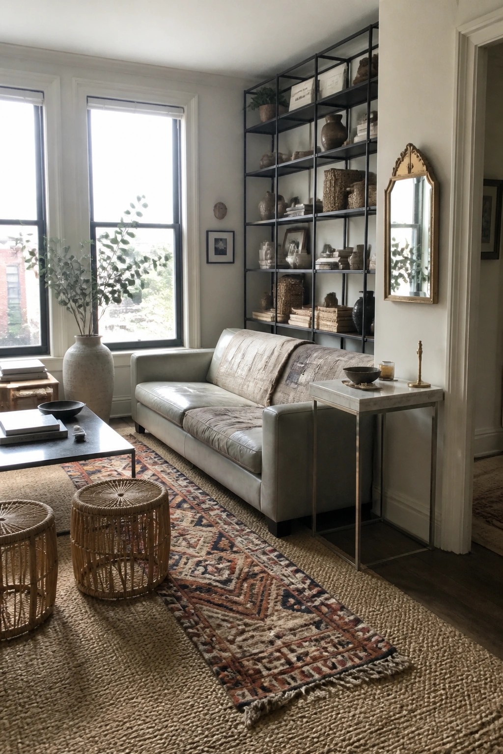 Modern living room with gray leather sofa, black metal shelves, woven rugs, and wicker stools.