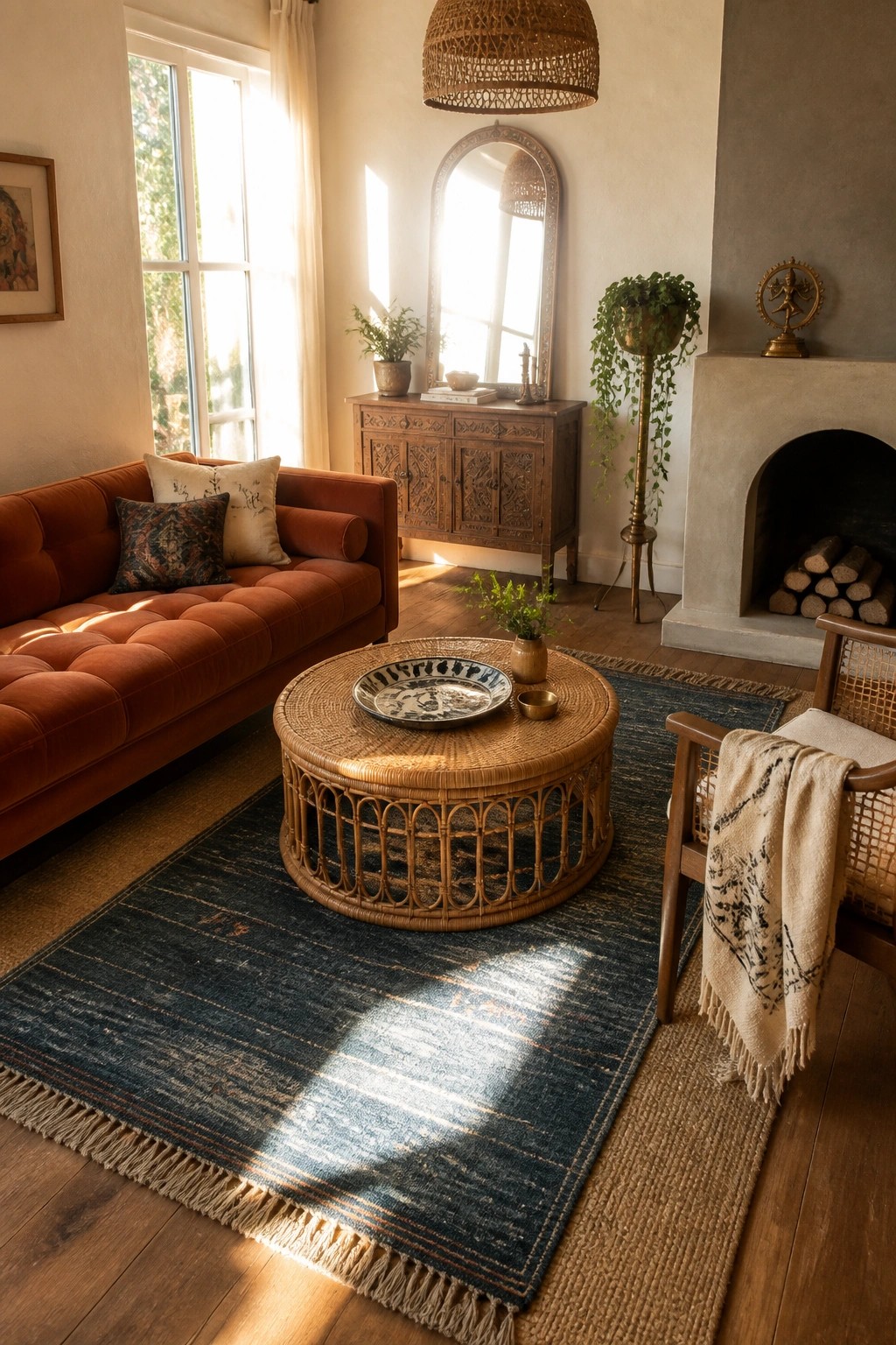 A living room featuring a rust-colored sofa, round wicker coffee table, layered blue and natural fiber rugs, and a stone fireplace.
