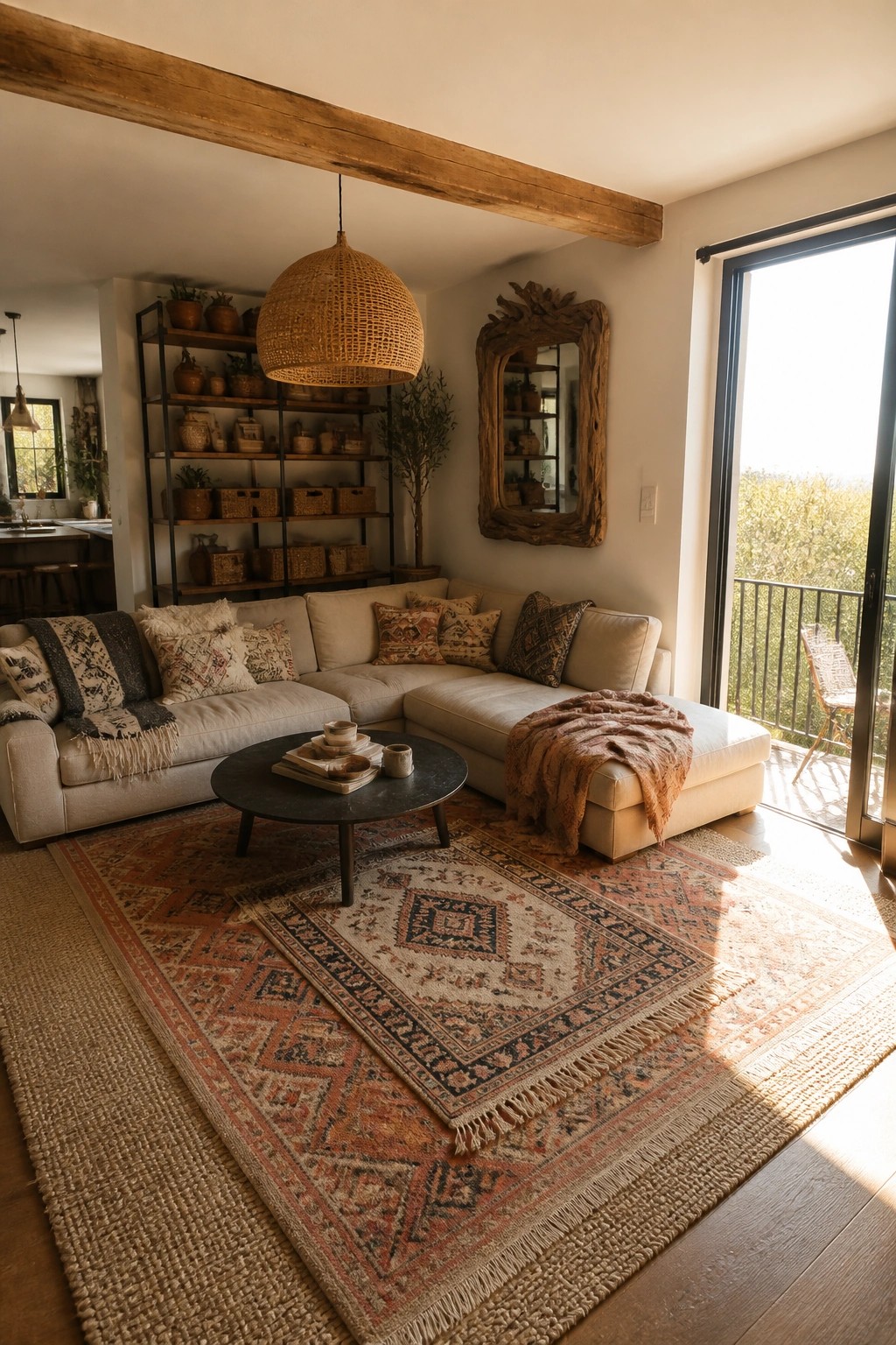 Cozy beige sectional sofa on layered rugs beneath woven pendant light in rustic living room