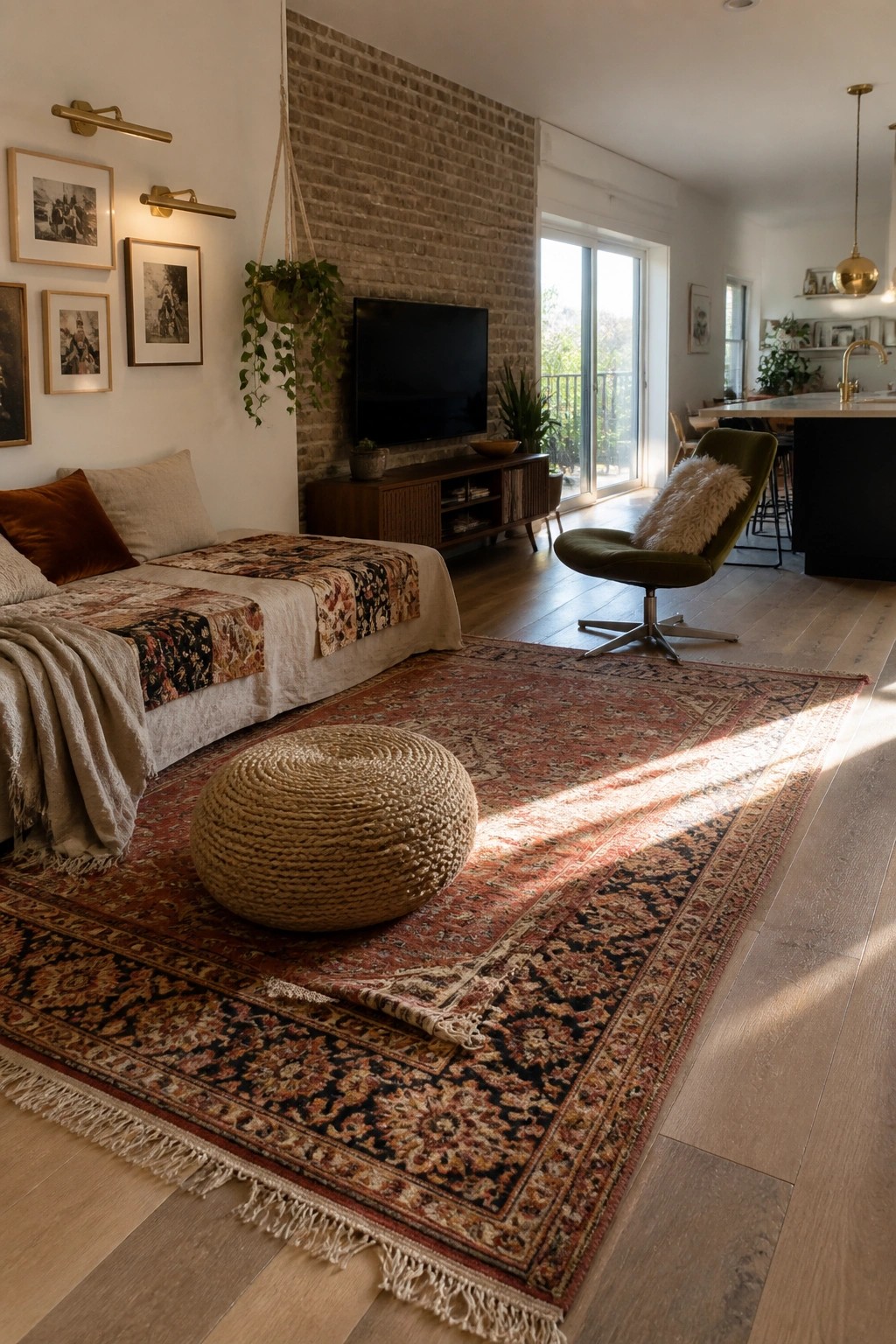 A living room interior showing a large patterned rug layered with a smaller one, a round woven pouf, a daybed with throws, and a green swivel chair in front of a brick wall.