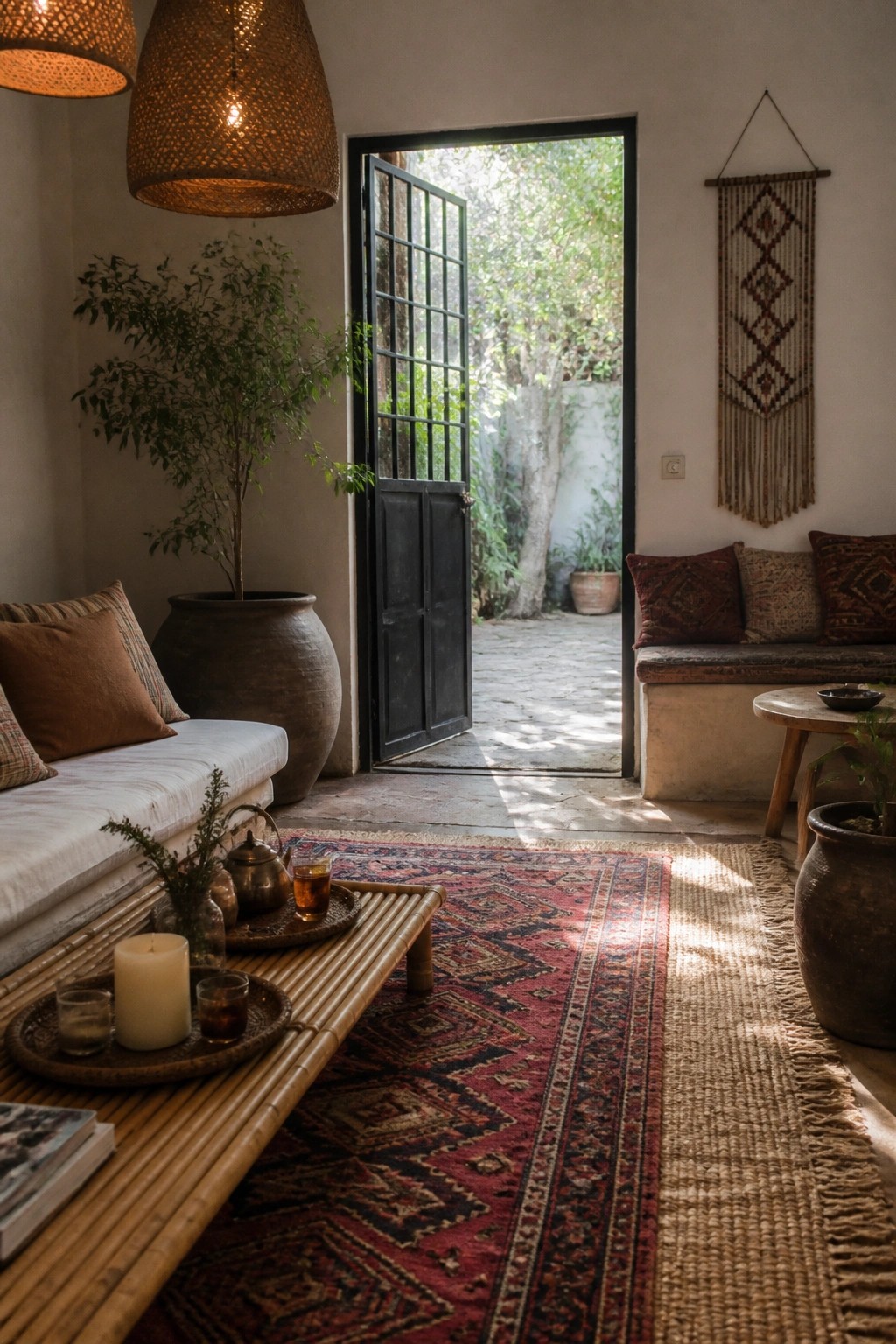 Sunlit bohemian room with bamboo table, red rug, woven lights, and open door to patio