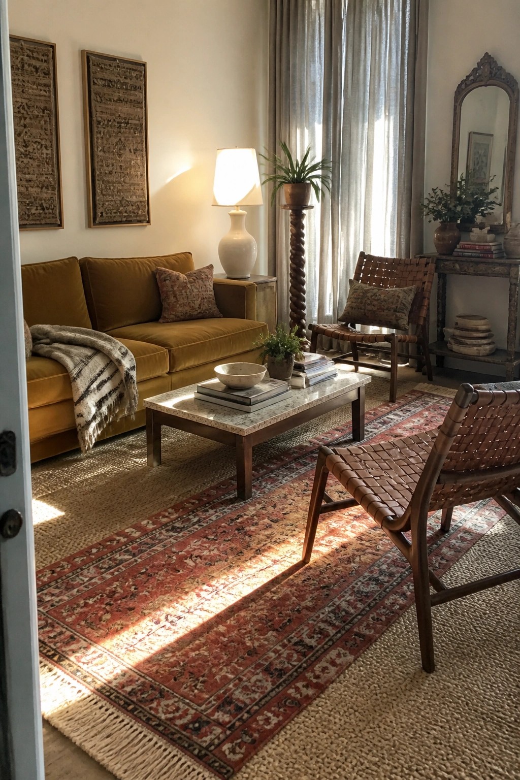 Sunlit living room with yellow sofa, woven chairs, red rug, and marble coffee table.