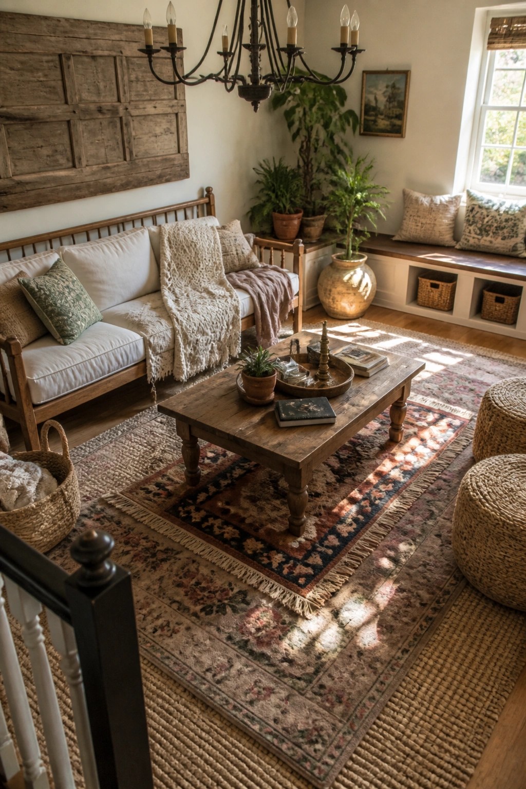 A living room with a wooden coffee table on layered rugs, a wooden sofa with white cushions and throws, potted plants, and a window seat with pillows.