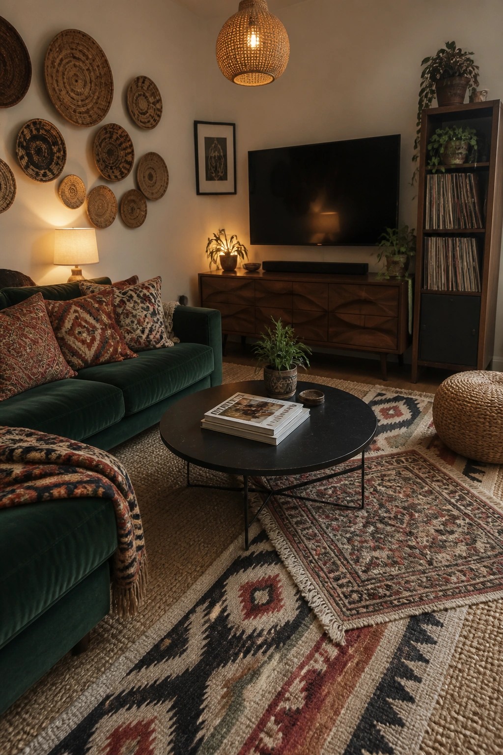 Cozy living room with green velvet sofa, patterned rugs, woven wall baskets, and TV.