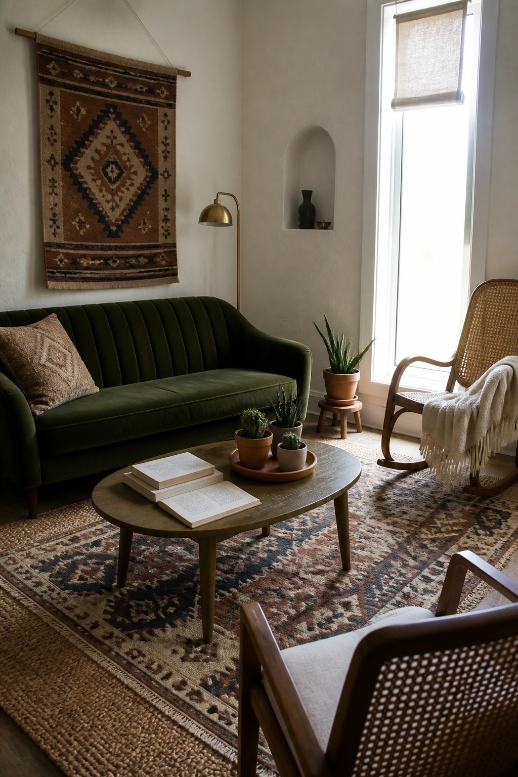 Cozy bohemian living room with green velvet sofa, wooden table, plants, and patterned rugs.