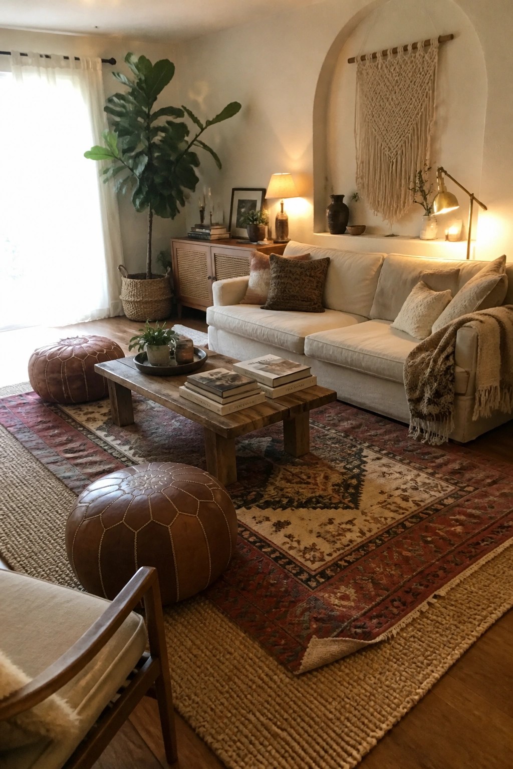 Cozy living room with white sofa, wooden coffee table, leather poufs, and layered rugs.