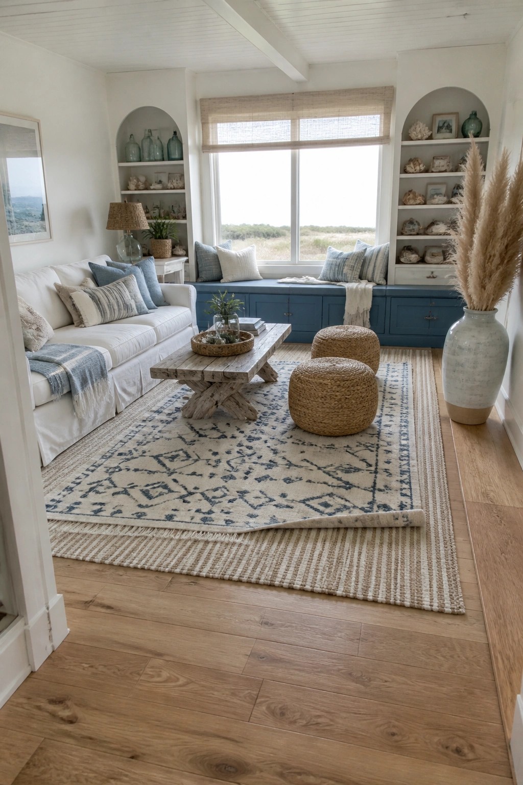 A living room interior showing a large patterned rug layered partially over a striped rug on wood flooring, with a white sofa and blue built-in window seat visible.