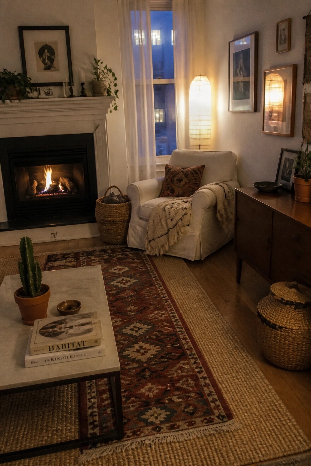 A cozy living room interior with layered rugs on the floor, a white armchair with a throw blanket, a lit fireplace, and a marble coffee table holding books and a potted cactus.