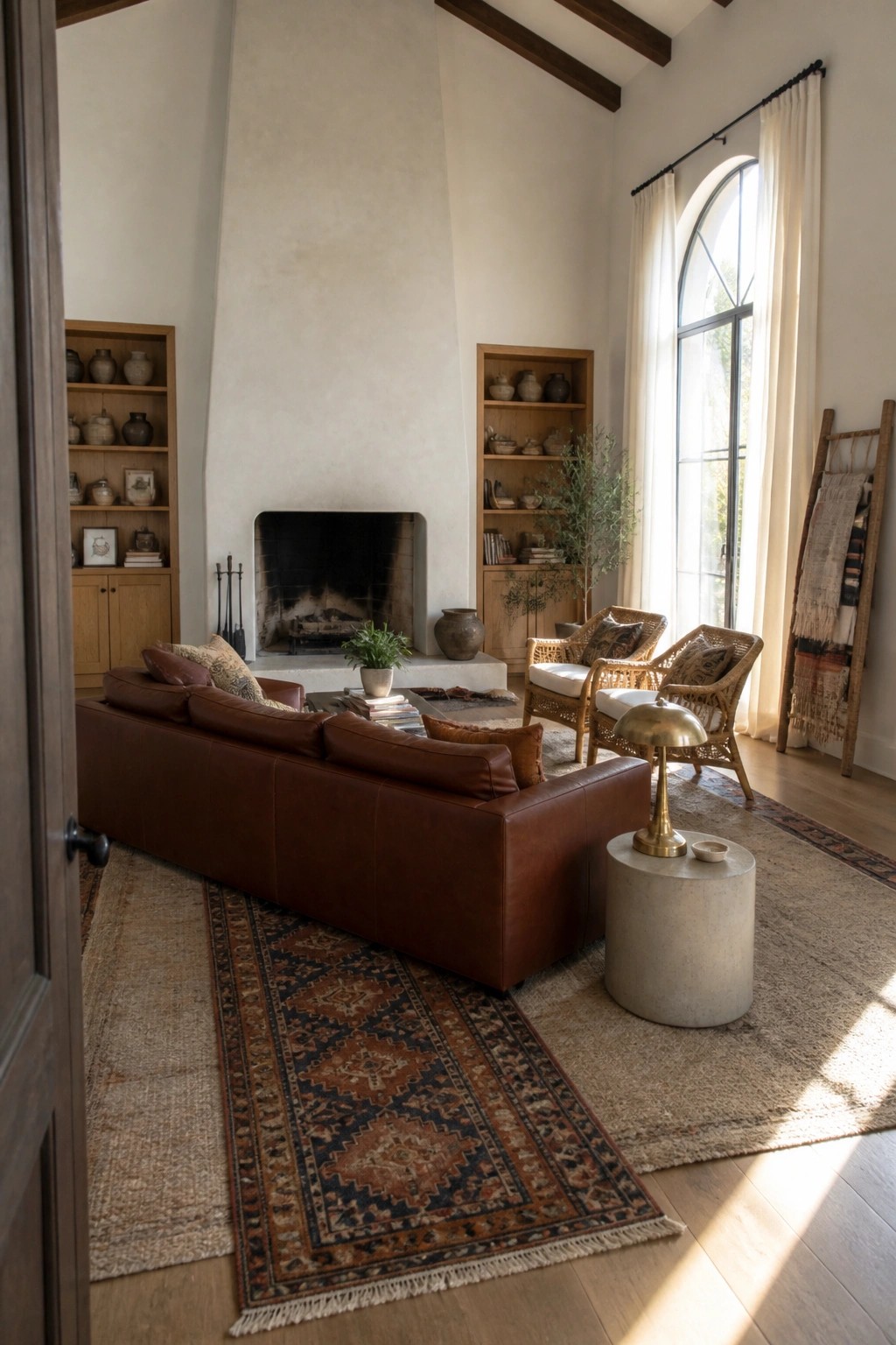 A living room interior with a brown leather sofa, fireplace, two wicker chairs, and multiple layered rugs on a wooden floor.