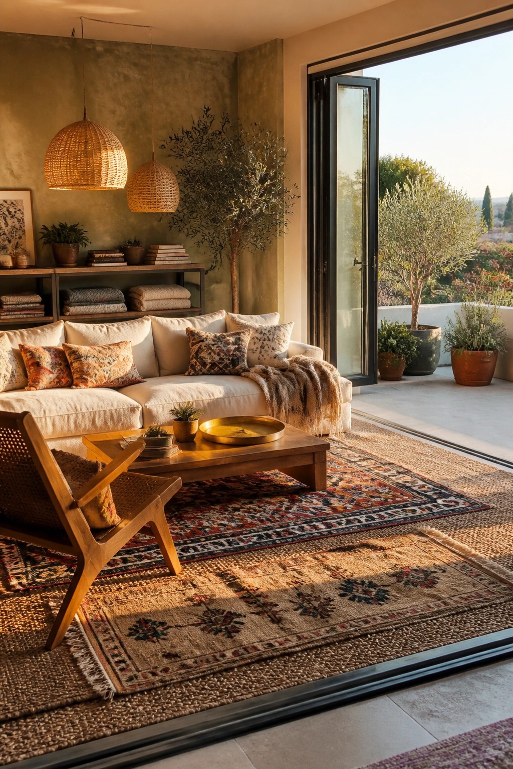 A living room interior with a white sofa, wooden coffee table, woven chair, and multiple overlapping patterned rugs on the floor beside a large open glass door.