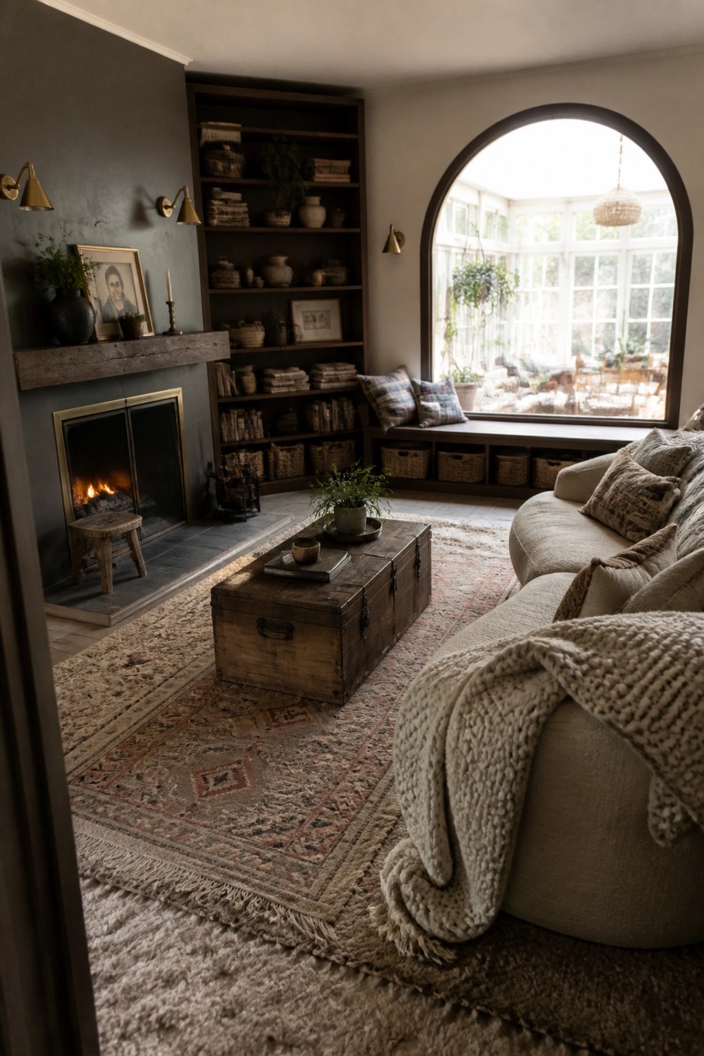 A living room with a large patterned rug layered over a fluffy light-colored rug, a wooden trunk on top, a beige sofa with throws, built-in bookshelves, and a fireplace on a dark wall.