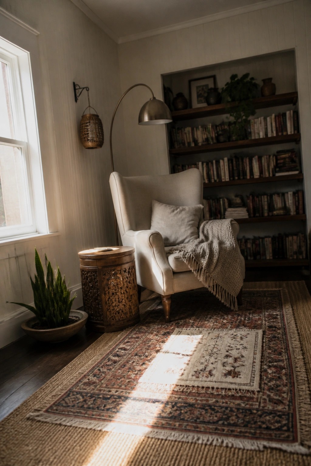 Cozy beige armchair with blanket beside arched lamp and built-in bookshelves in sunlight
