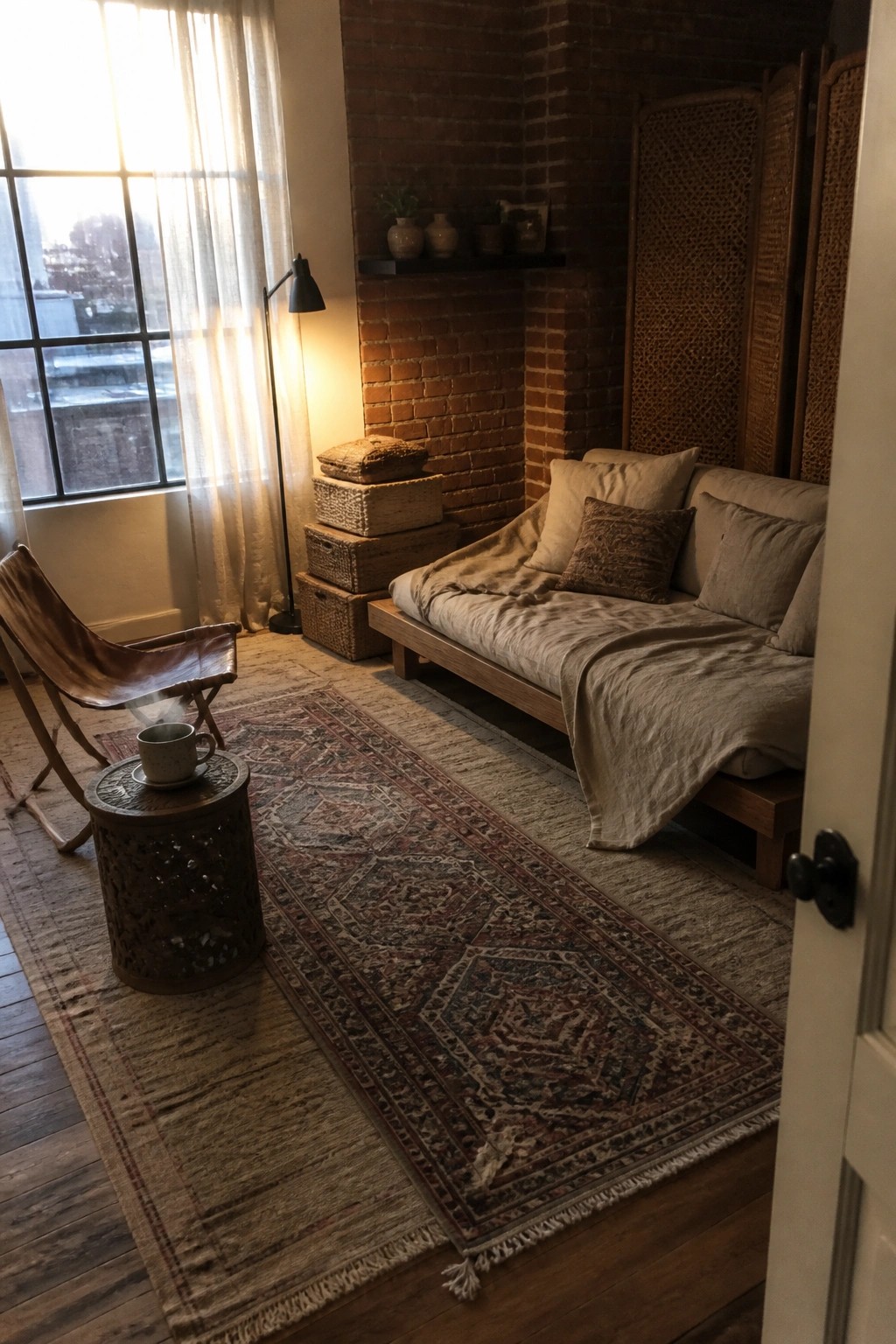 A living room interior with a large patterned rug on wood floors, a wooden daybed with neutral linens and a draped throw, a leather sling chair, and an exposed brick wall.
