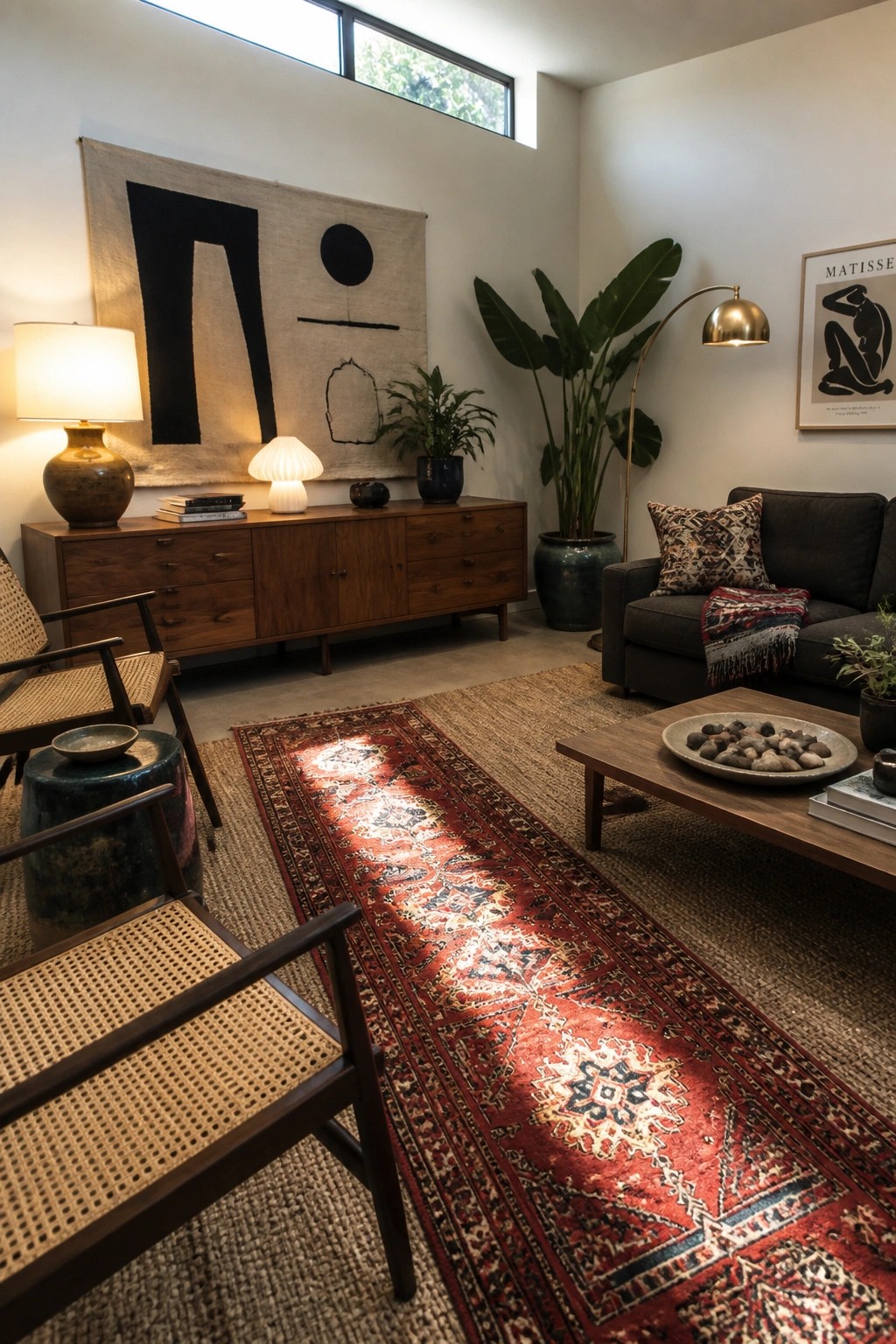 A living room with a red patterned rug layered over a larger neutral rug, a wooden coffee table, dark sofa with pillows and throw, wooden sideboard, and woven chairs.