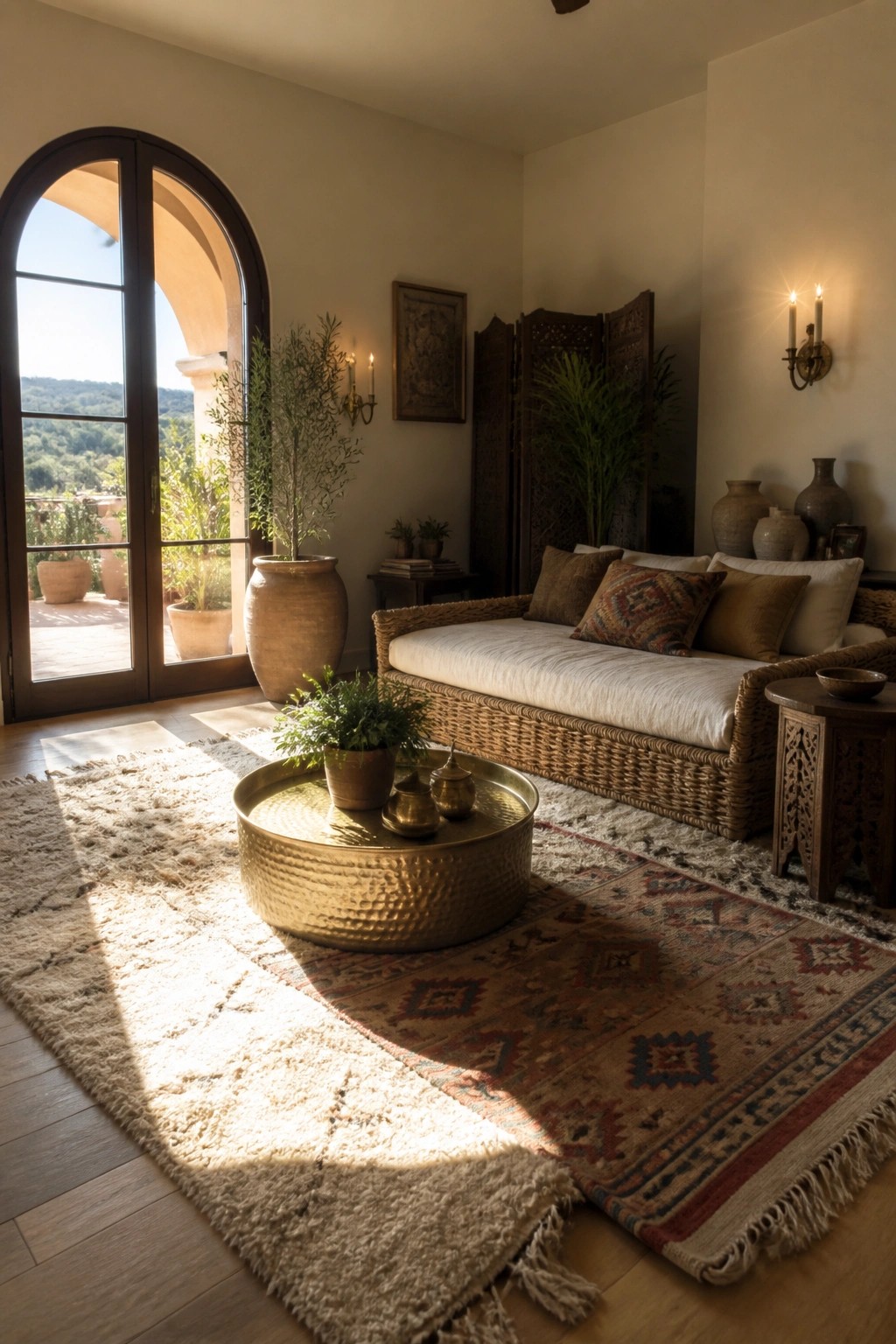 A boho living room featuring a large round hammered brass coffee table on a patterned rug in front of a woven daybed, with an arched doorway open to an outdoor view.