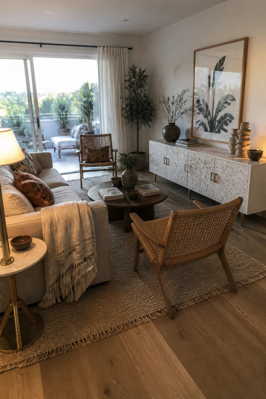 A boho living room with a beige sofa, woven wood chairs, round coffee table, brass lamp on a marble side table, jute rug, and large framed artwork above a speckled console.