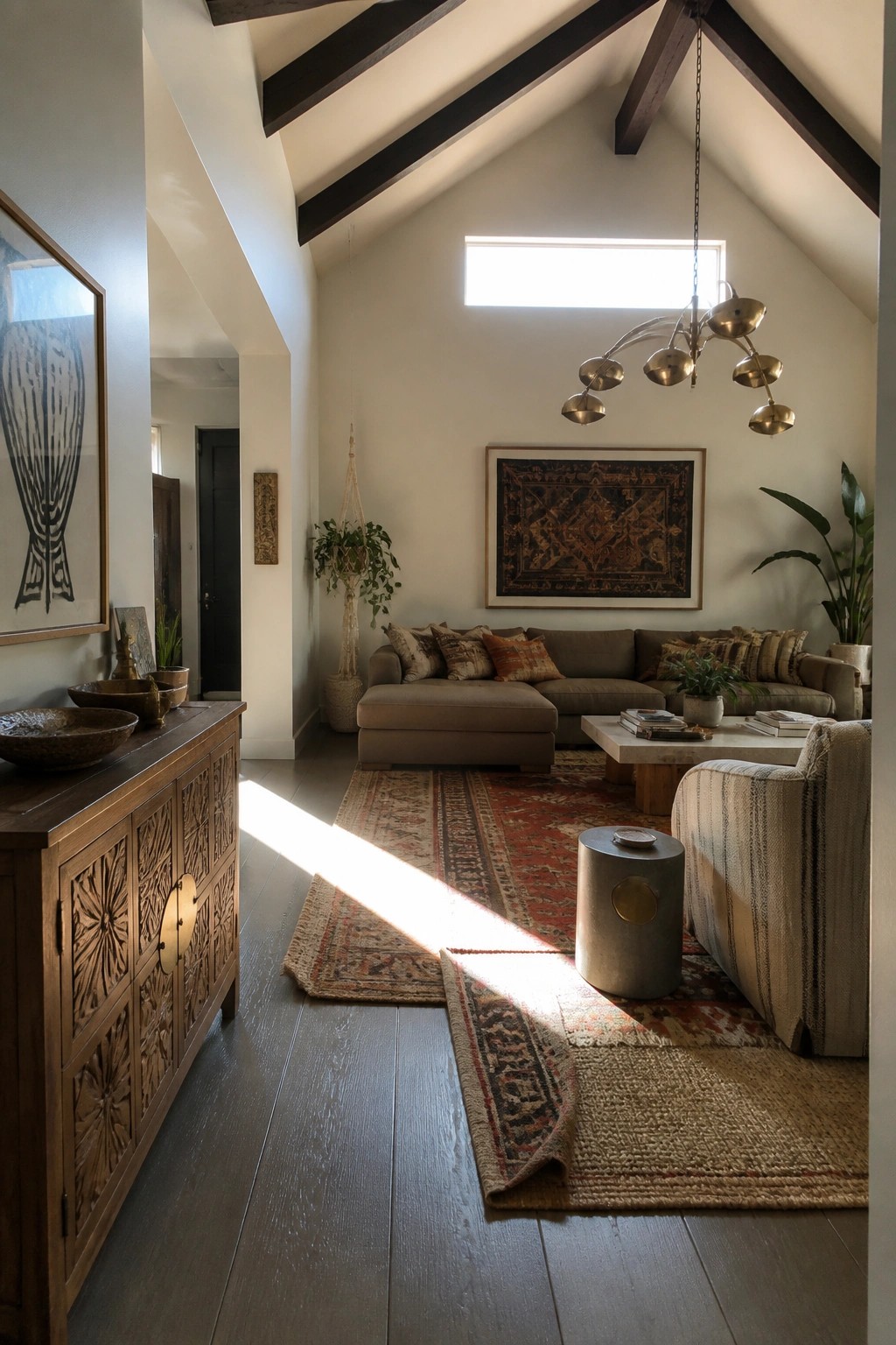 A living room with vaulted ceiling, beige sectional sofa, layered rugs, brass chandelier, wooden console table, and potted plants.