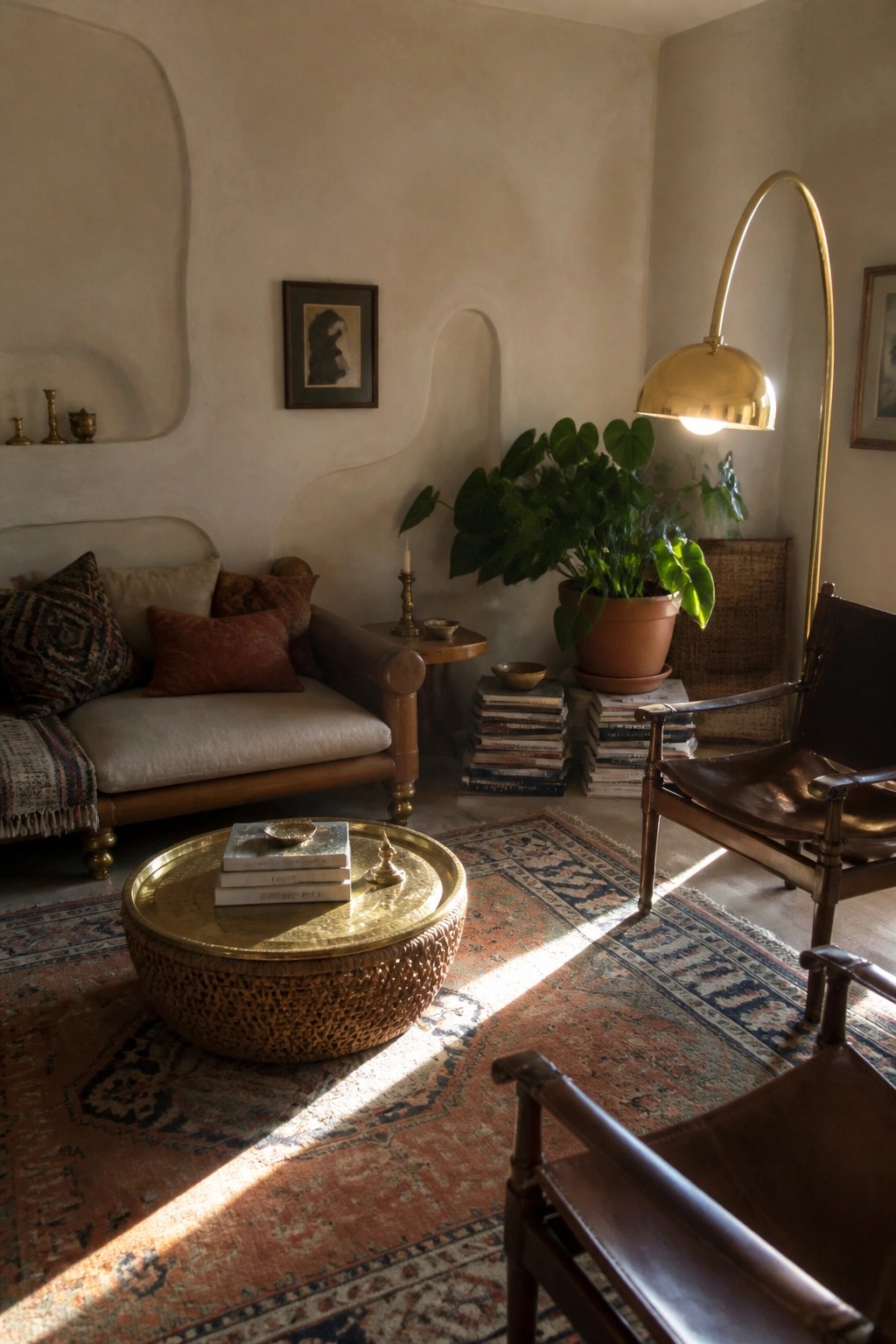 A boho living room featuring a large round brass coffee table, a brass floor lamp, leather armchairs, a sofa with pillows, stacked books, and potted plants on a patterned rug.
