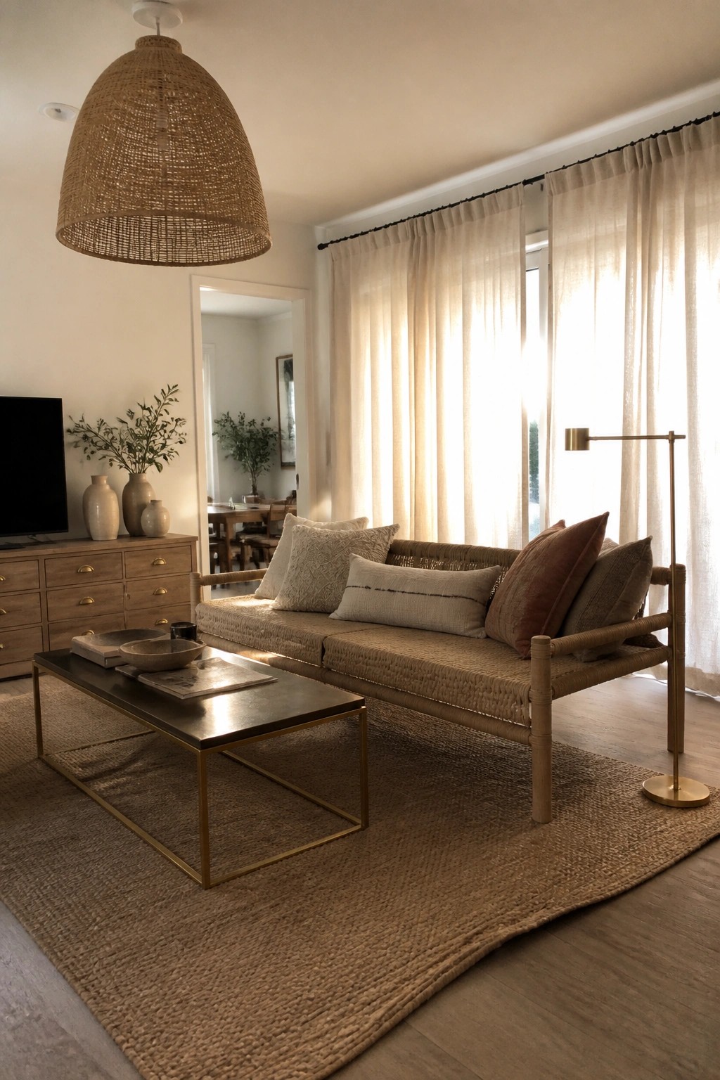 A living room with a woven sofa, rectangular coffee table with brass frame, tall brass floor lamp, large jute rug, and sheer curtains letting in daylight.