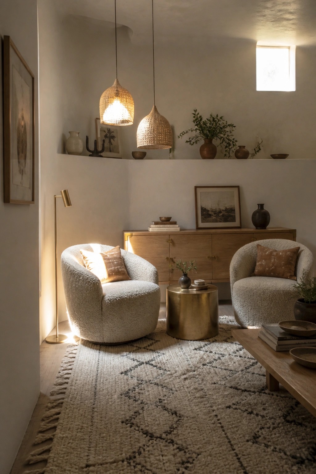 Two off-white boucle armchairs flank a round brass side table on a patterned rug, with a brass floor lamp to the left and woven pendant lights above.