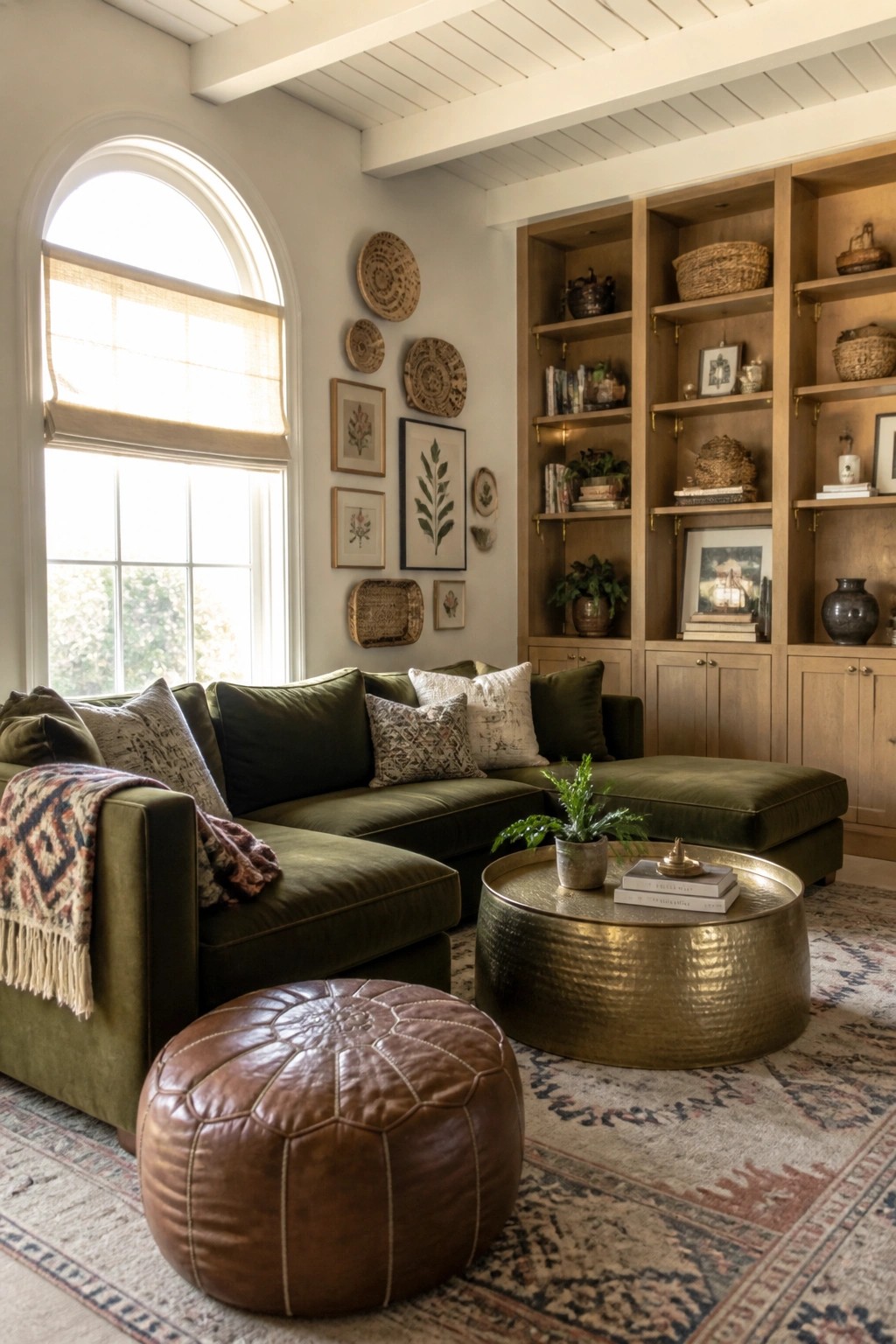 A living room featuring a green velvet sectional sofa, a round hammered brass coffee table on a patterned rug, a brown leather pouf, and built-in wooden shelves filled with books and decor.