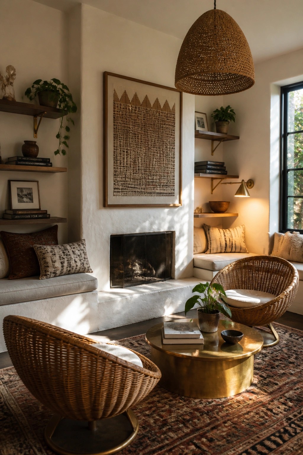 A boho living room with a round brass coffee table centered on a patterned rug, two wicker chairs, built-in seating around a fireplace, and a large woven pendant light overhead.